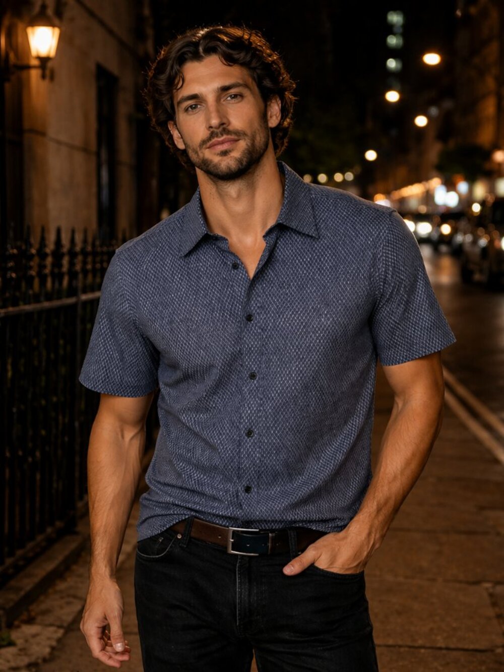 Theory Irving Hex Geo Print Short Sleeve Button Up Shirt Large Navy Gray Cotton